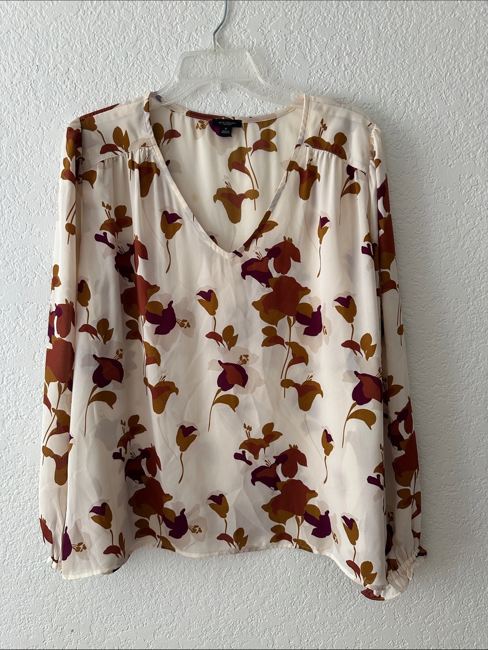 Ann Taylor Cream V-Neck Floral Blouse with Rust and Plum Accents